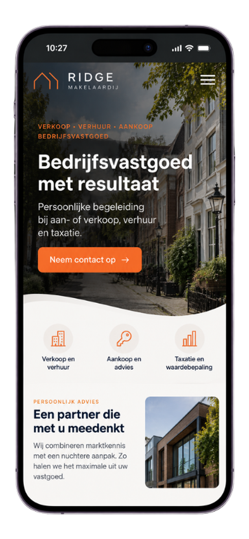 Mobiele website van Ridge Makelaars