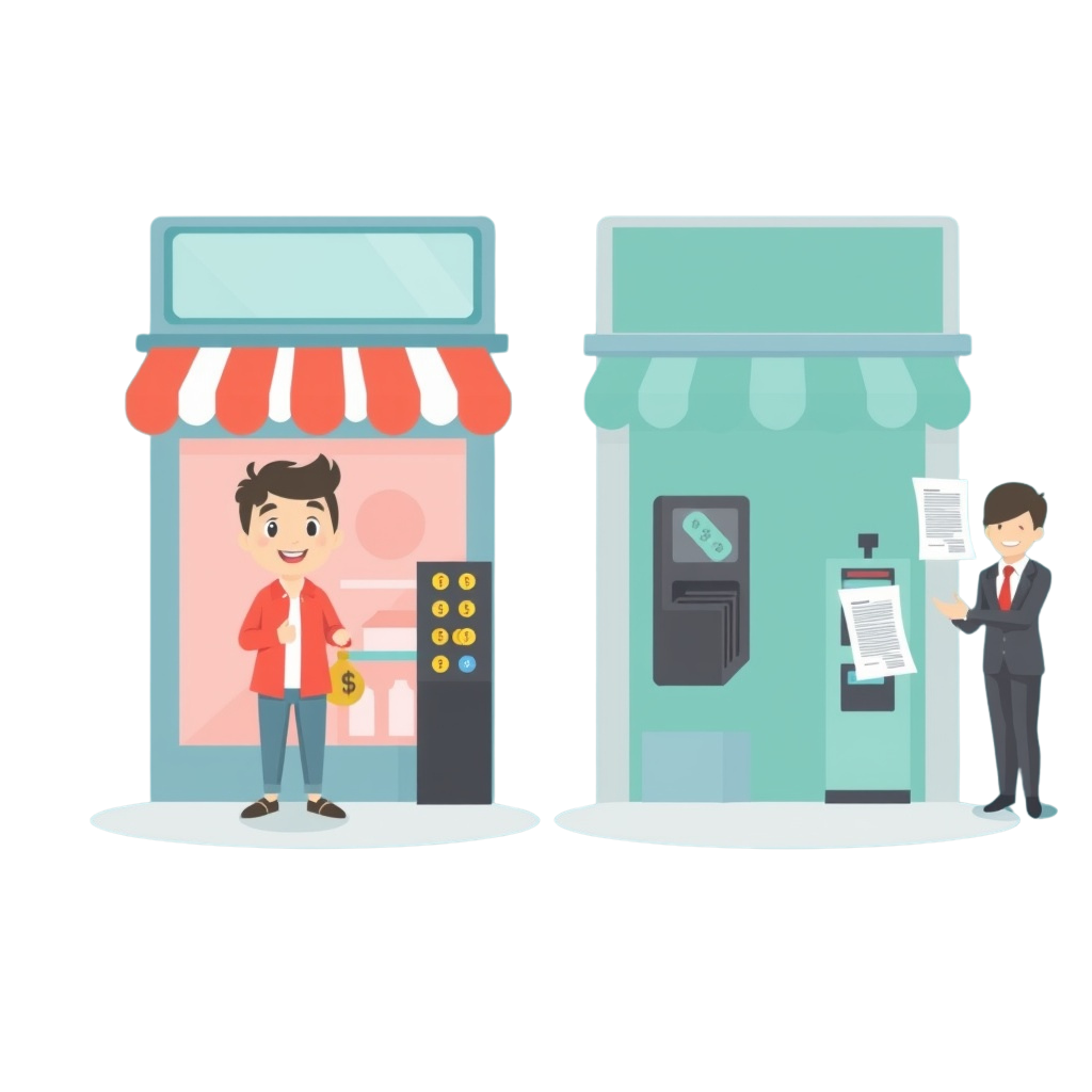 Een persoon met een webshop en een persoon met een fysieke winkel ter illustratie van een webshop laten maken